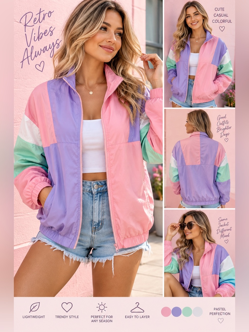 Pastel Colorblock Windbreaker Jacket Pink Purple Mint XL Shein